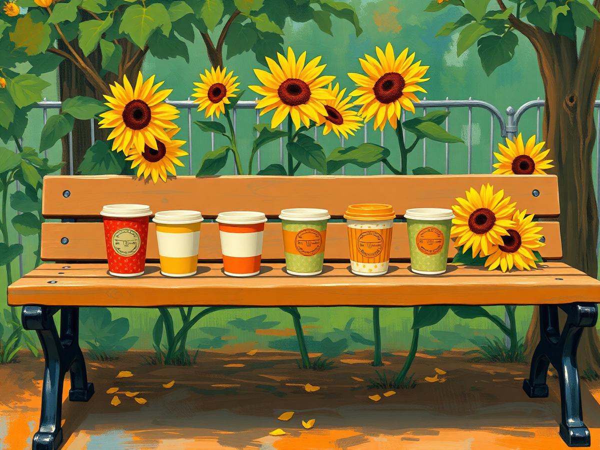 Painterly row of reusable cups on a wooden bench with sunflowers