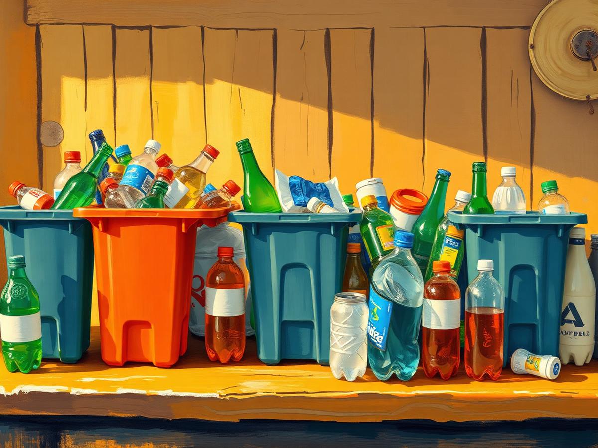 Painterly illustration of sorted recycling bins and bottles in warm light