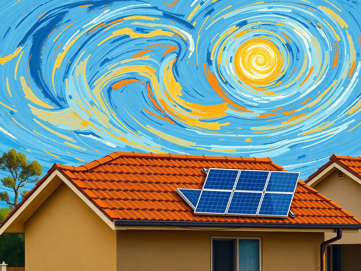 Painterly solar panels on an Australian rooftop under a swirling blue sky